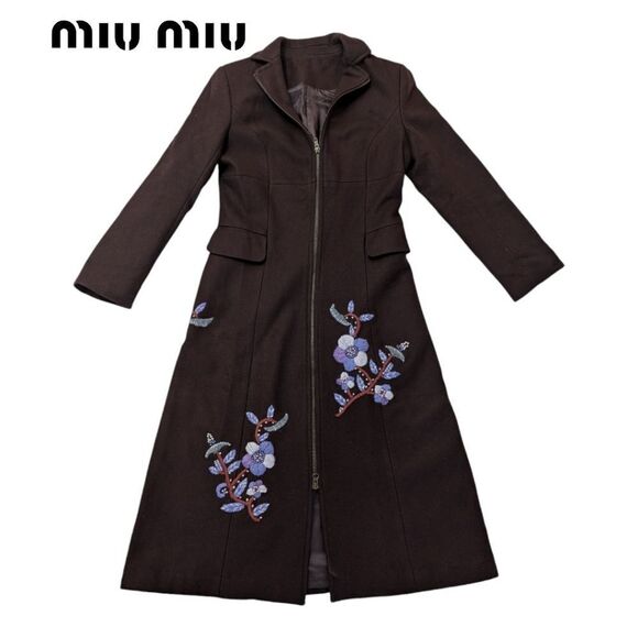 Miu Miu mocha brown authentic longline zipup floral embroidered wool coat eu36 - Picture 3 of 17